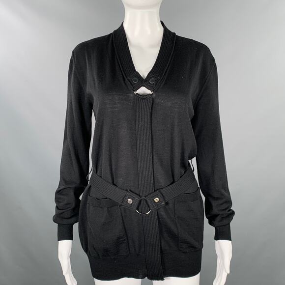 JEAN PAUL GAULTIER Size M Black Knit V-Neck Belted Pullover - Picture 1 of 5